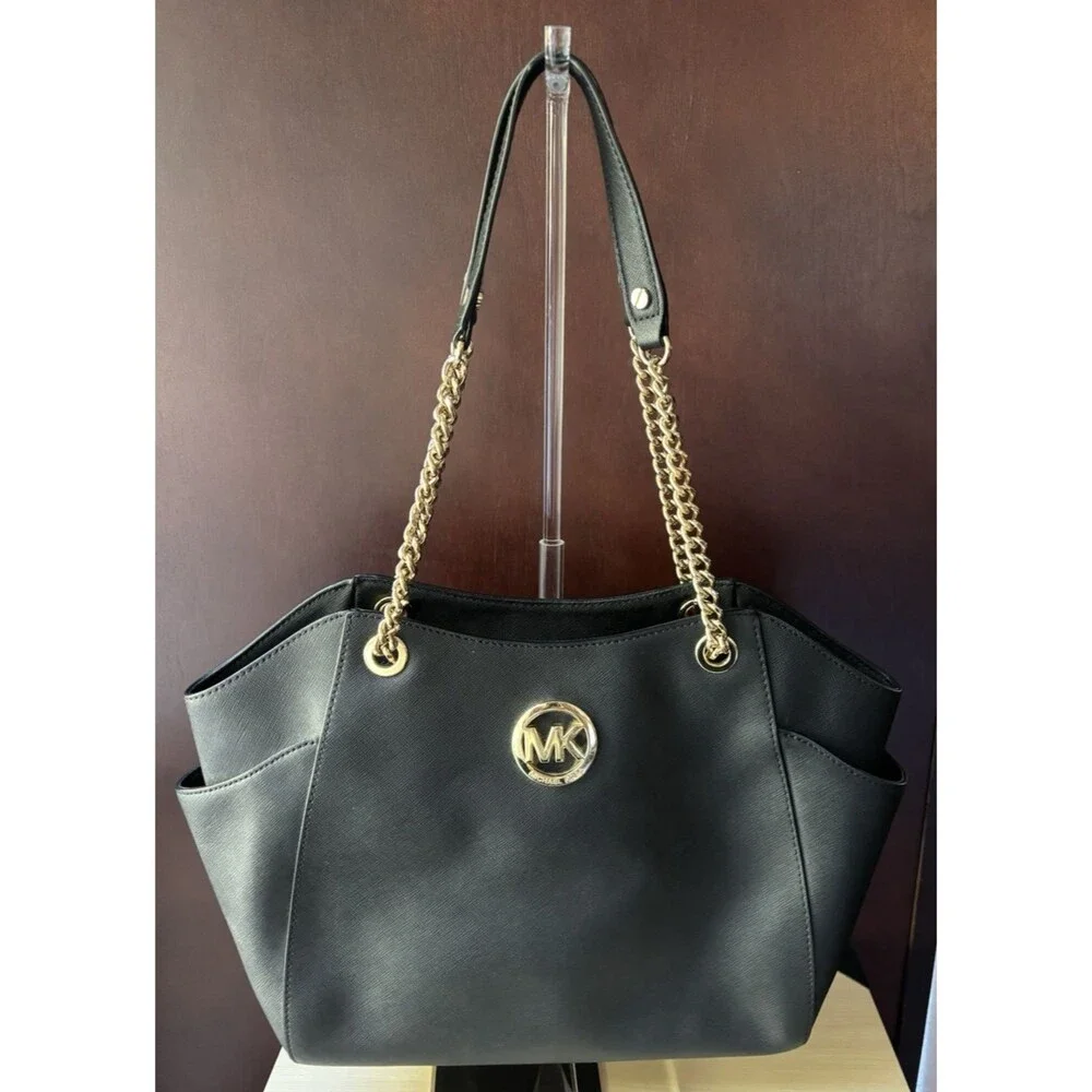 Michael Kors MK Jet Set Saffiano Black Leather Shoulder Tote VINTAGE Bag Large